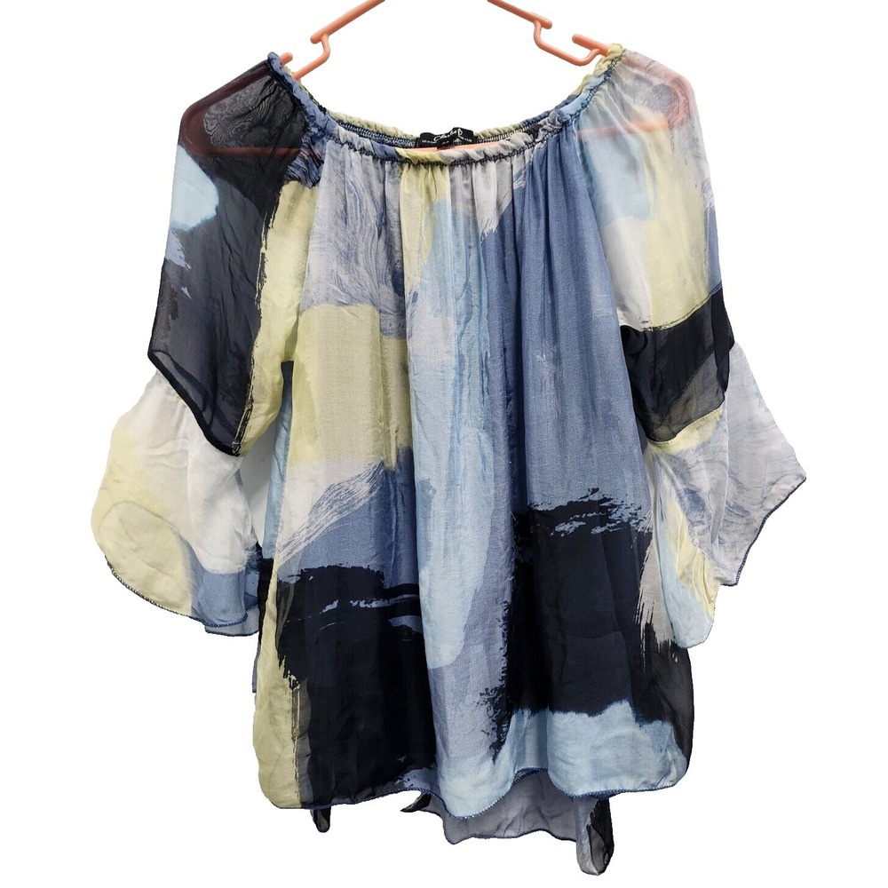 Charlie B BOHO Wearable Art Top Small Blue Abstract Silk Bell Sleeve Blouse